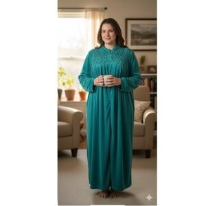 Only Necessities Velour Robe Green Jade Smocked Shoulder Zip Pockets 4X 5X Gift